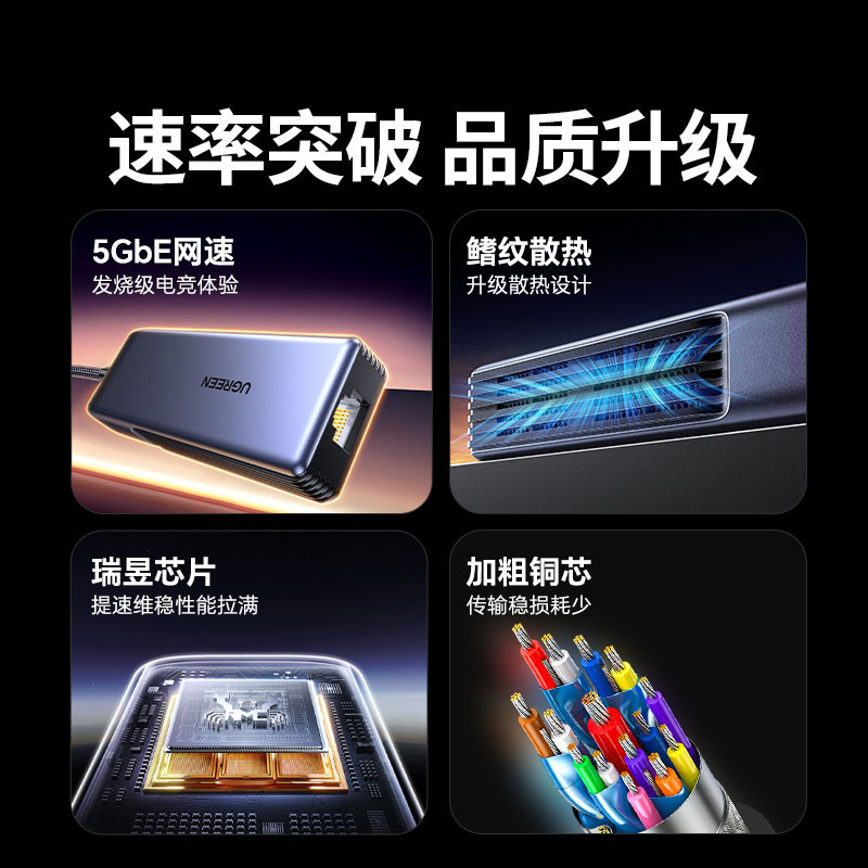 綠聯(lian)USB-A轉5GbE有(yǒu)線(xiàn)網卡 USB外置網卡轉換器(qi)