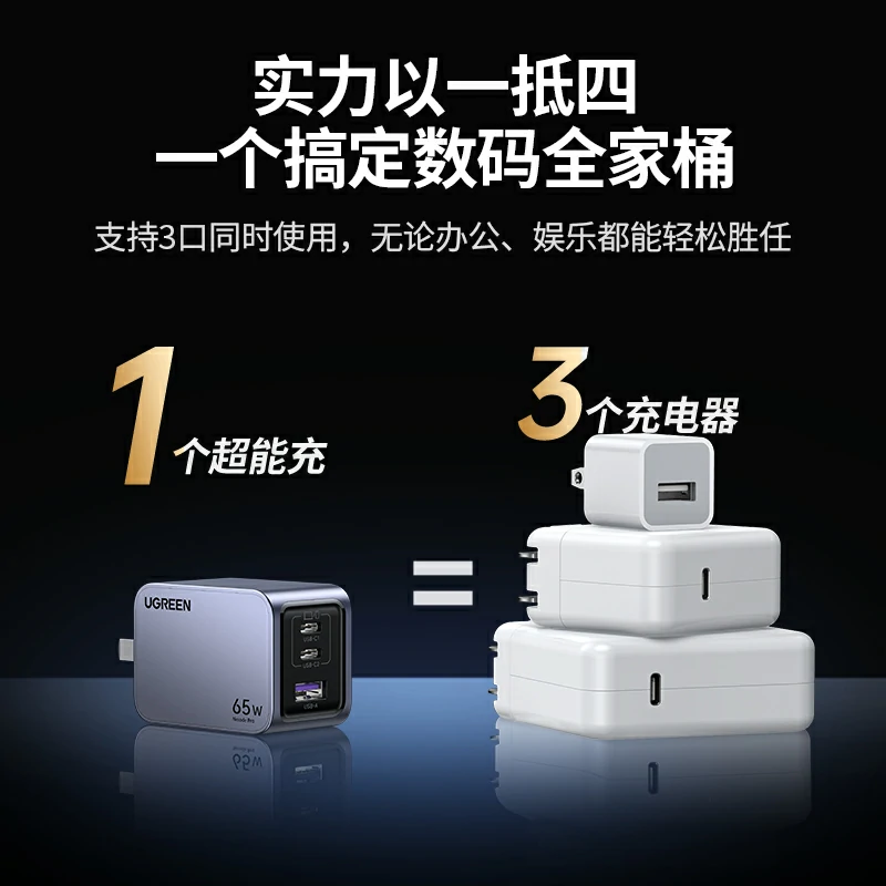 綠聯(lian) Nexode 閃充湃Pro 65W三口氮化镓充電(dian)器(qi)套裝(zhuang)