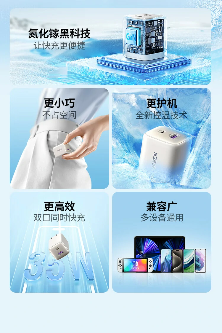 綠聯(lian)35W雙口GaN充電(dian)器(qi)接口特寫，支持USB-C與USB-A雙口快充