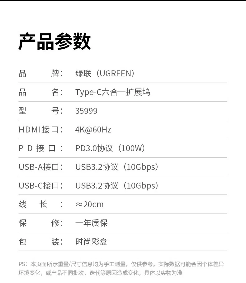 核心參數(shu)彙總圖：4K60Hz、100W PD、2A2C USB3.2、10Gbps