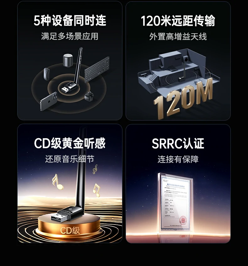 綠聯(lian)藍牙6.0适配(pei)器(qi)CM749 120米遠(yuǎn)距離信(xin)号傳(chuan)輸(shu)展(zhan)示