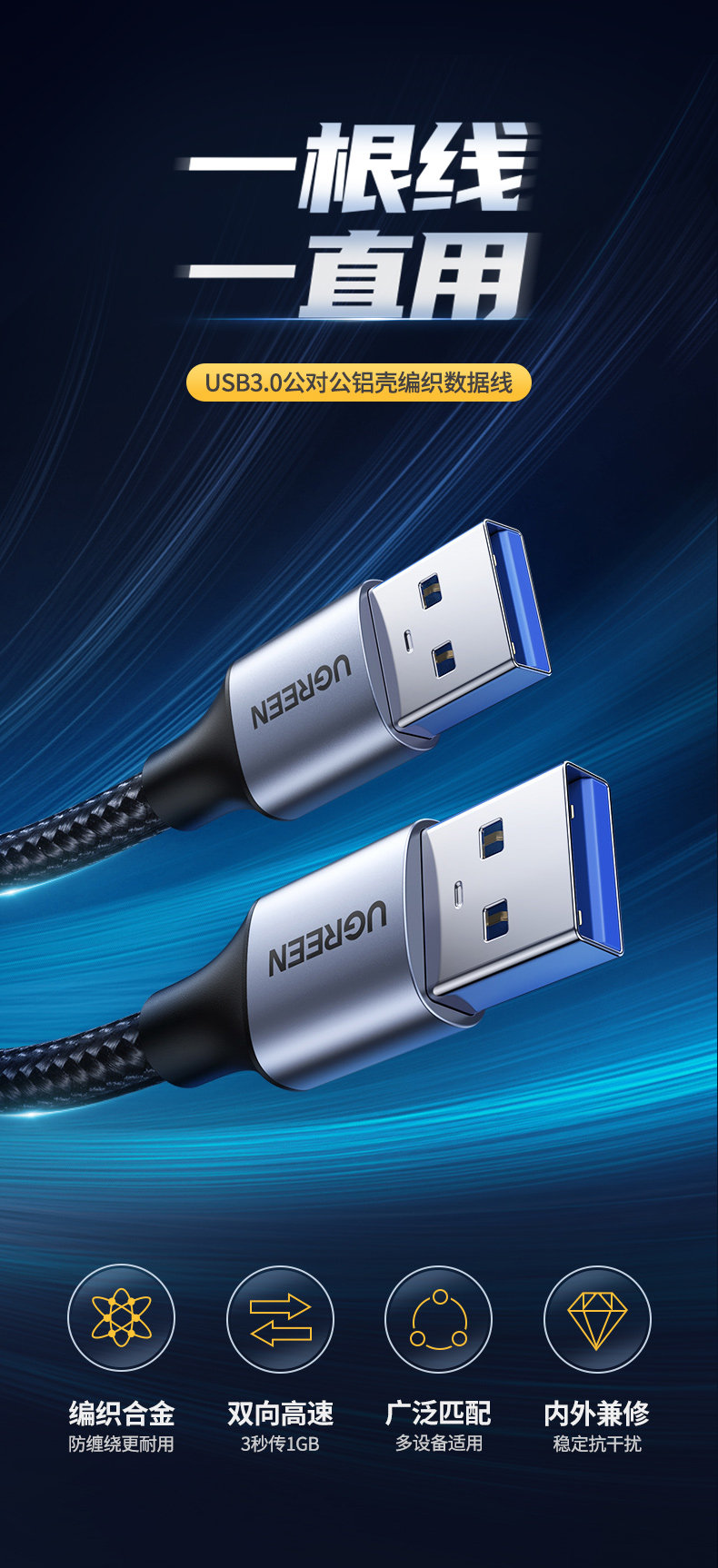 UGREEN綠聯(lian)-品(pin)質(zhi)新(xin)體(ti)驗(yàn),數(shu)碼選綠聯(lian) 綠聯(lian)USB3.0公(gōng)對公(gōng)數(shu)據線(xiàn)
