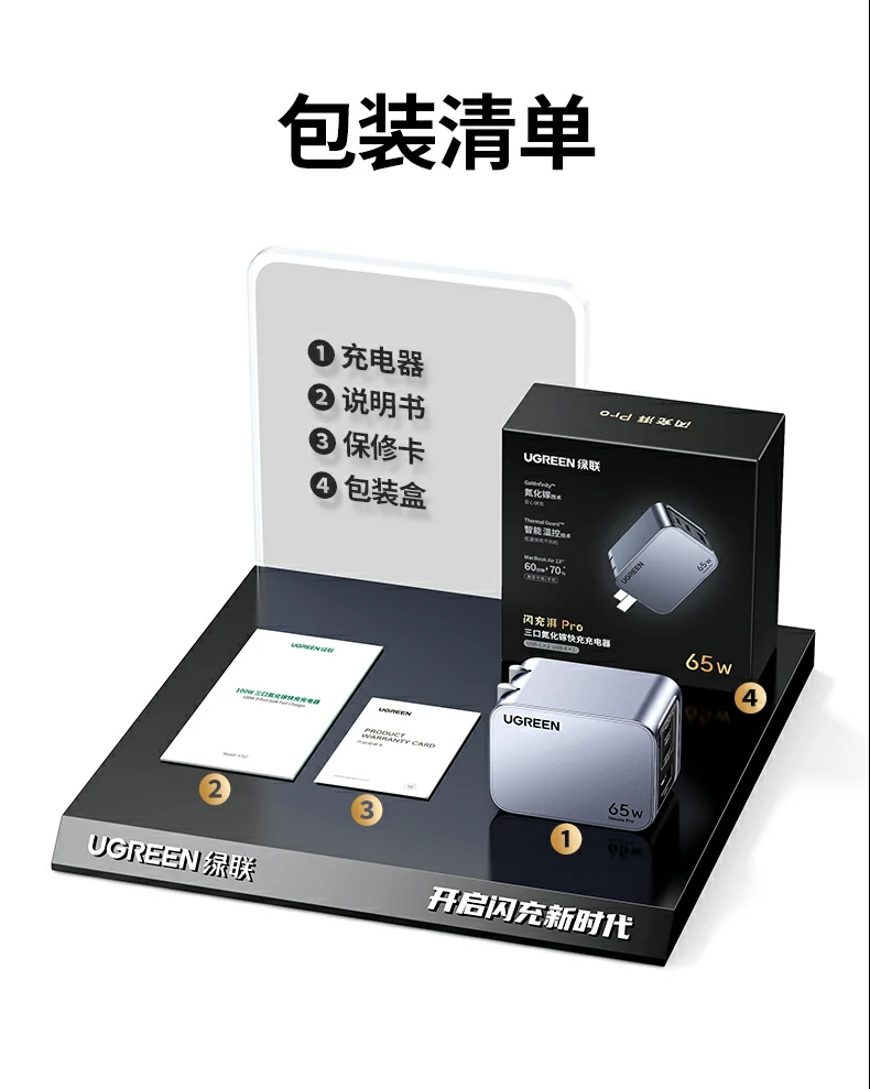 綠聯(lian)X755 - 65W氮化镓充電(dian)器(qi),三口快充,18箇(ge)月保修,綠聯(lian)實驗(yàn)室認證 綠聯(lian)X755産(chan)品(pin)全傢(jia)福及(ji)技(ji)術(shù)參數(shu)彙總圖